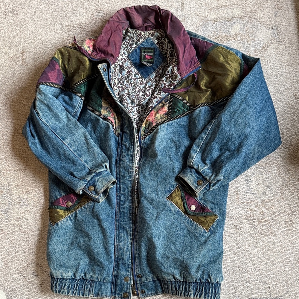 Vintage Denim Jacket with Multicolor Accents